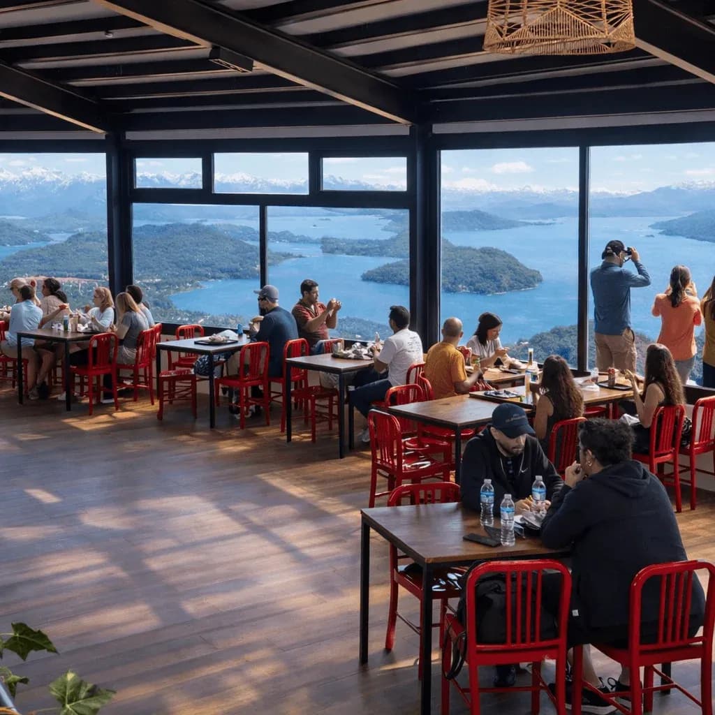 Patio de comidas con personas comiendo y admirando el paisaje panoramico del lago Nahuel Huapi