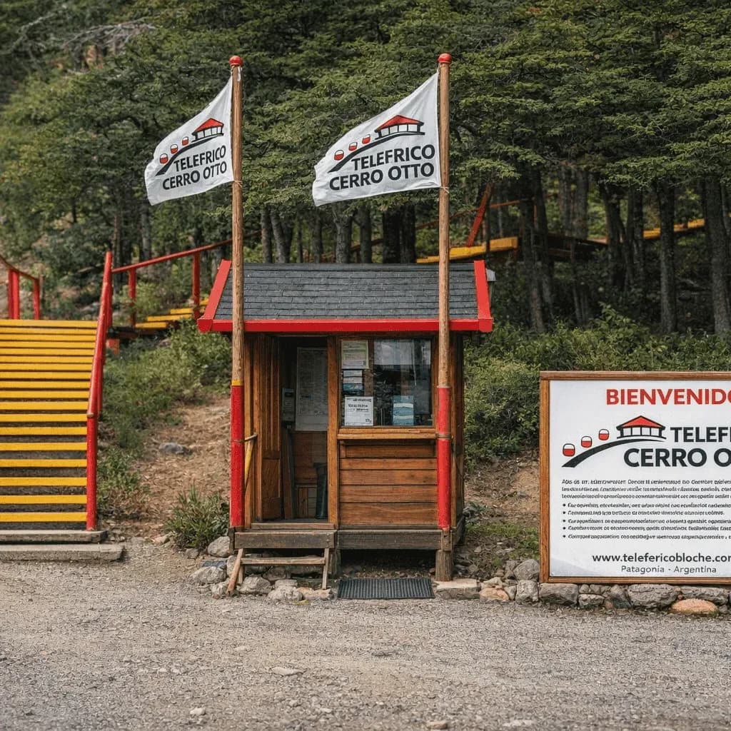 Ingreso al complejo Teleférico Cerro Otto, con casilla de acceso, escalinata amarilla y señalización institucional entre el bosque patagónico.