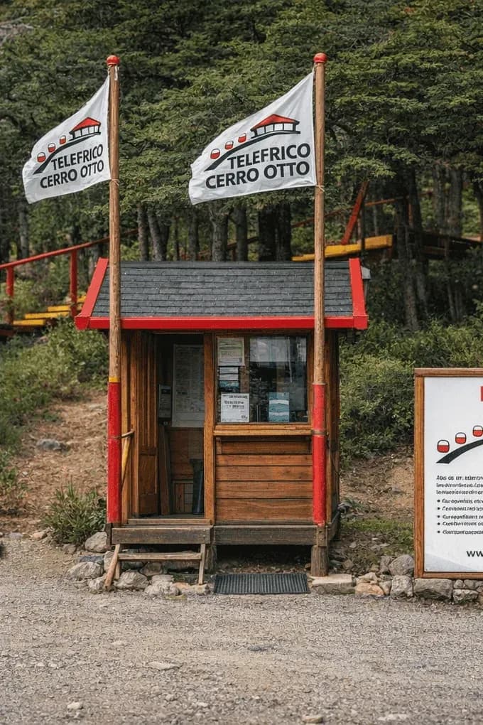 Ingreso al complejo Teleférico Cerro Otto, con casilla de acceso, escalinata amarilla y señalización institucional entre el bosque patagónico.